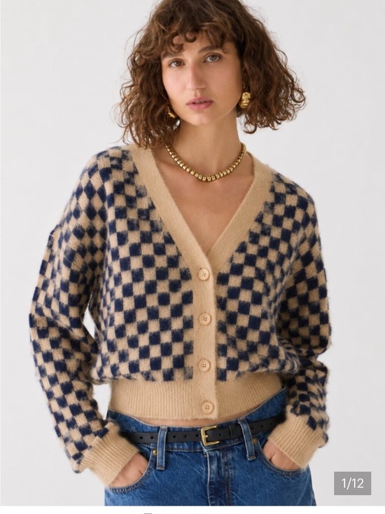 J. Crew Sweaters - J Crew Beige and Navy Checkered V-Neck Button Cardigan Sweater